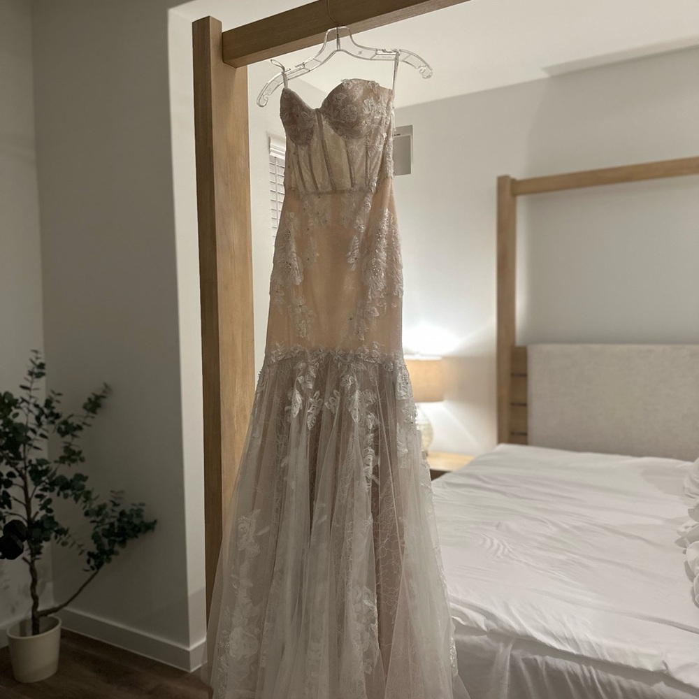 Watters Strapless Lace Wedding Gown in Cream and White